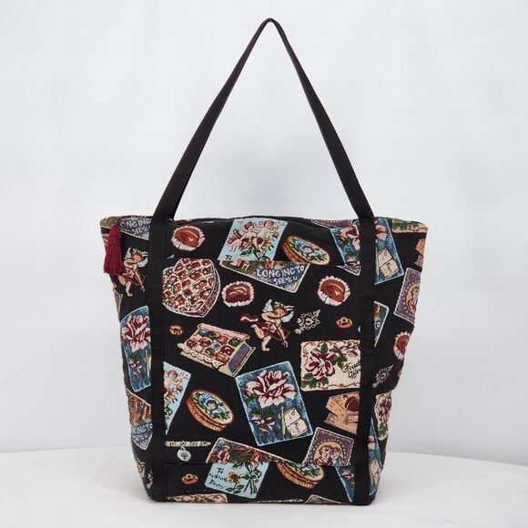 Handmade Cupid Love Tapestry Black Large Weekender Tote Bag - Picture 1 of 13